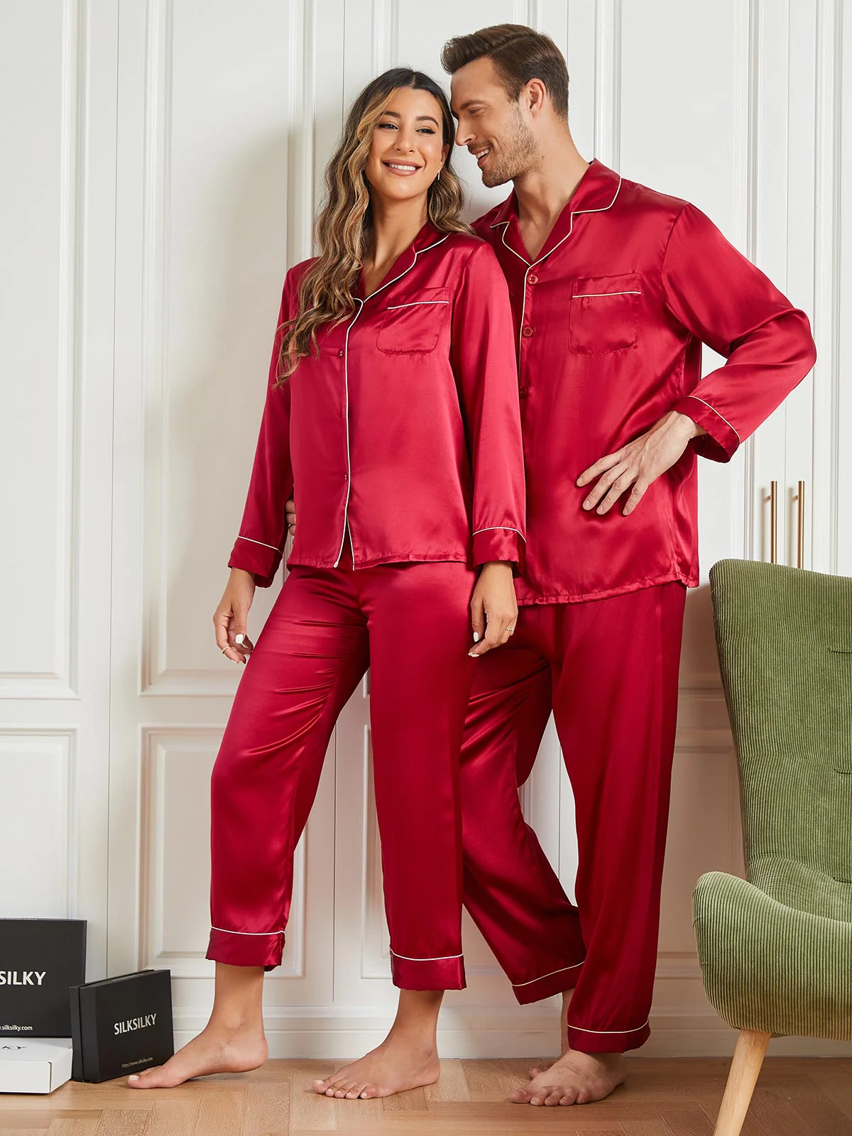 Couple Pure Silk Long Pajama Sets Total 4Pcs - Image 3