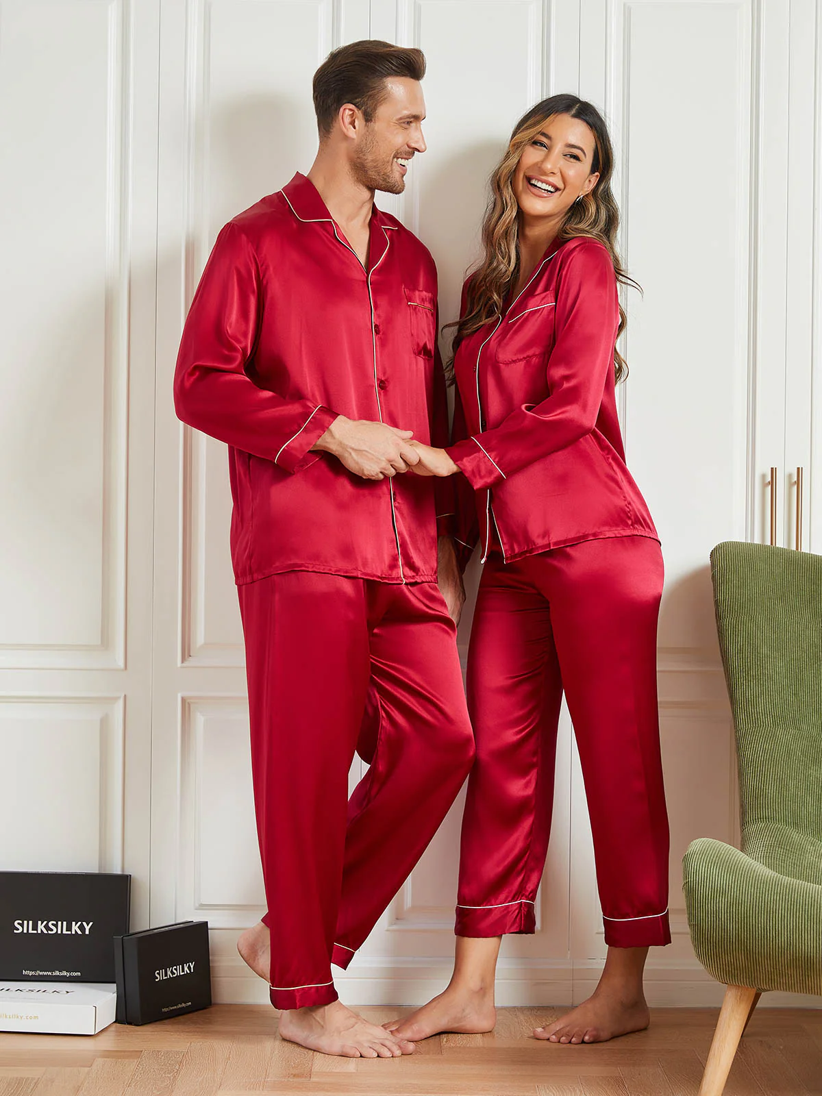Couple Pure Silk Long Pajama Sets Total 4Pcs - Image 4