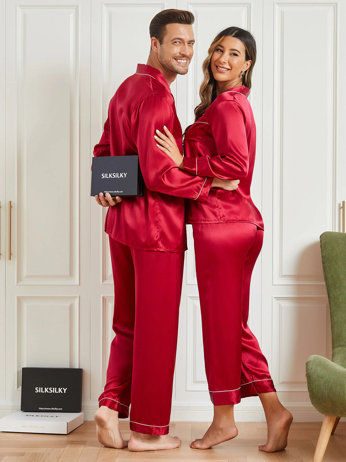 Couple Pure Silk Long Pajama Sets Total 4Pcs - Image 5