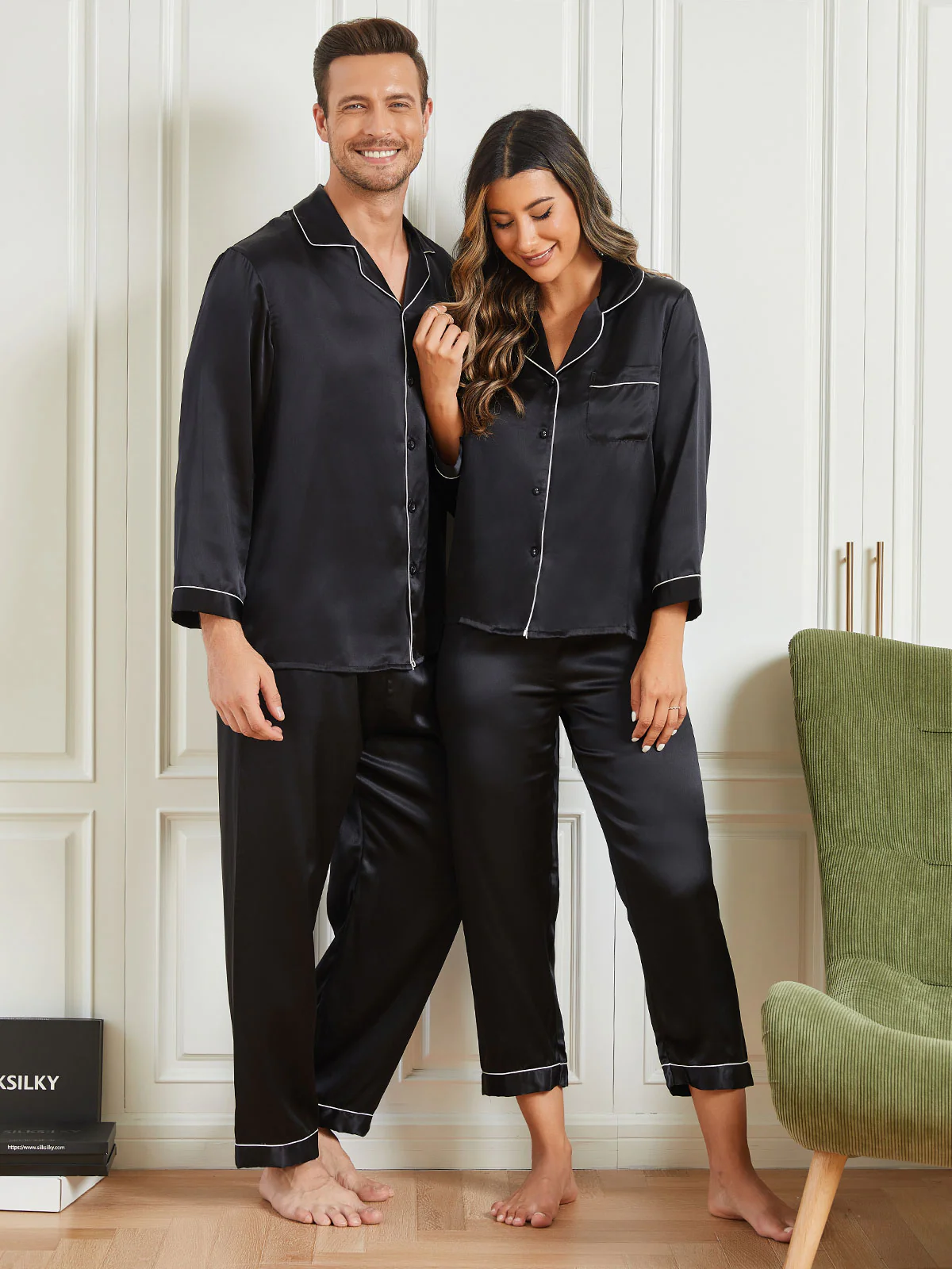 Couple Pure Silk Long Pajama Sets Total 4Pcs - Image 8