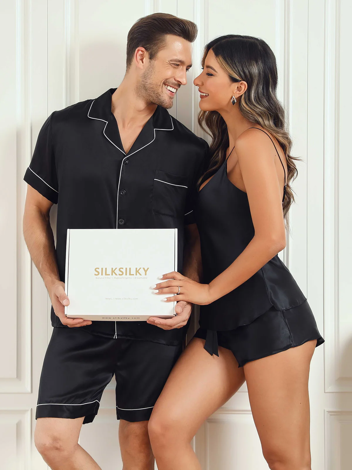 Couple Pure Silk Short Pajama Sets Total 4Pcs - Image 10