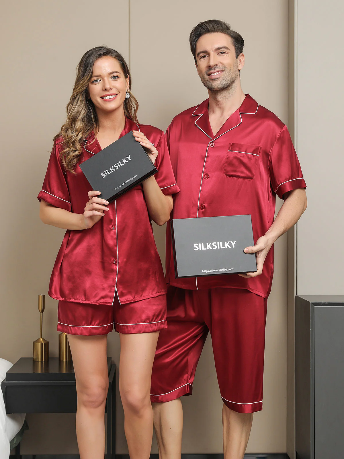 Couple Pure Silk Short Pajama Sets Total 4Pcs - Image 14