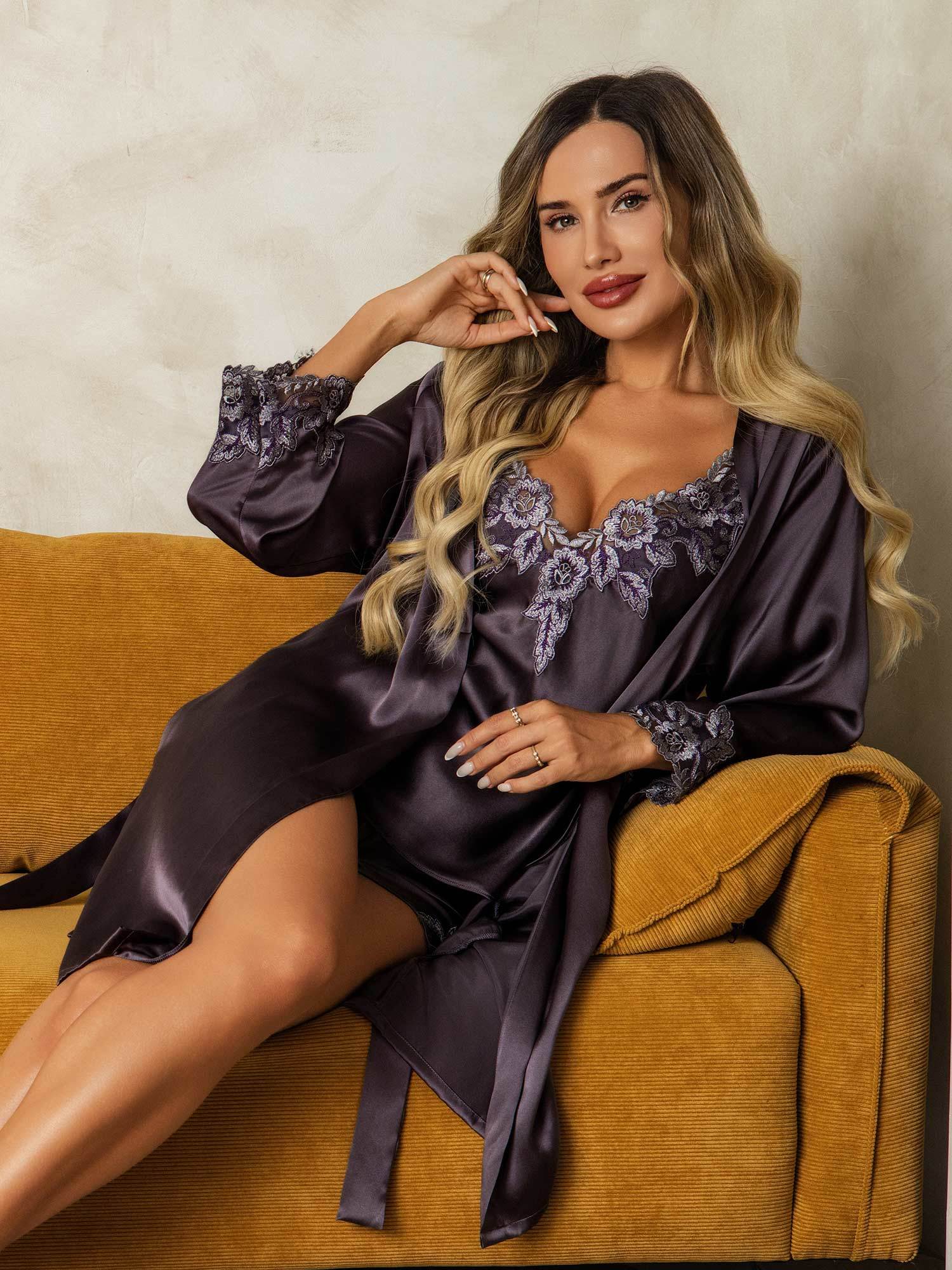 Elegant Pure Silk Lace Trimmed Robe and Camisole Set 3Pcs - Image 5