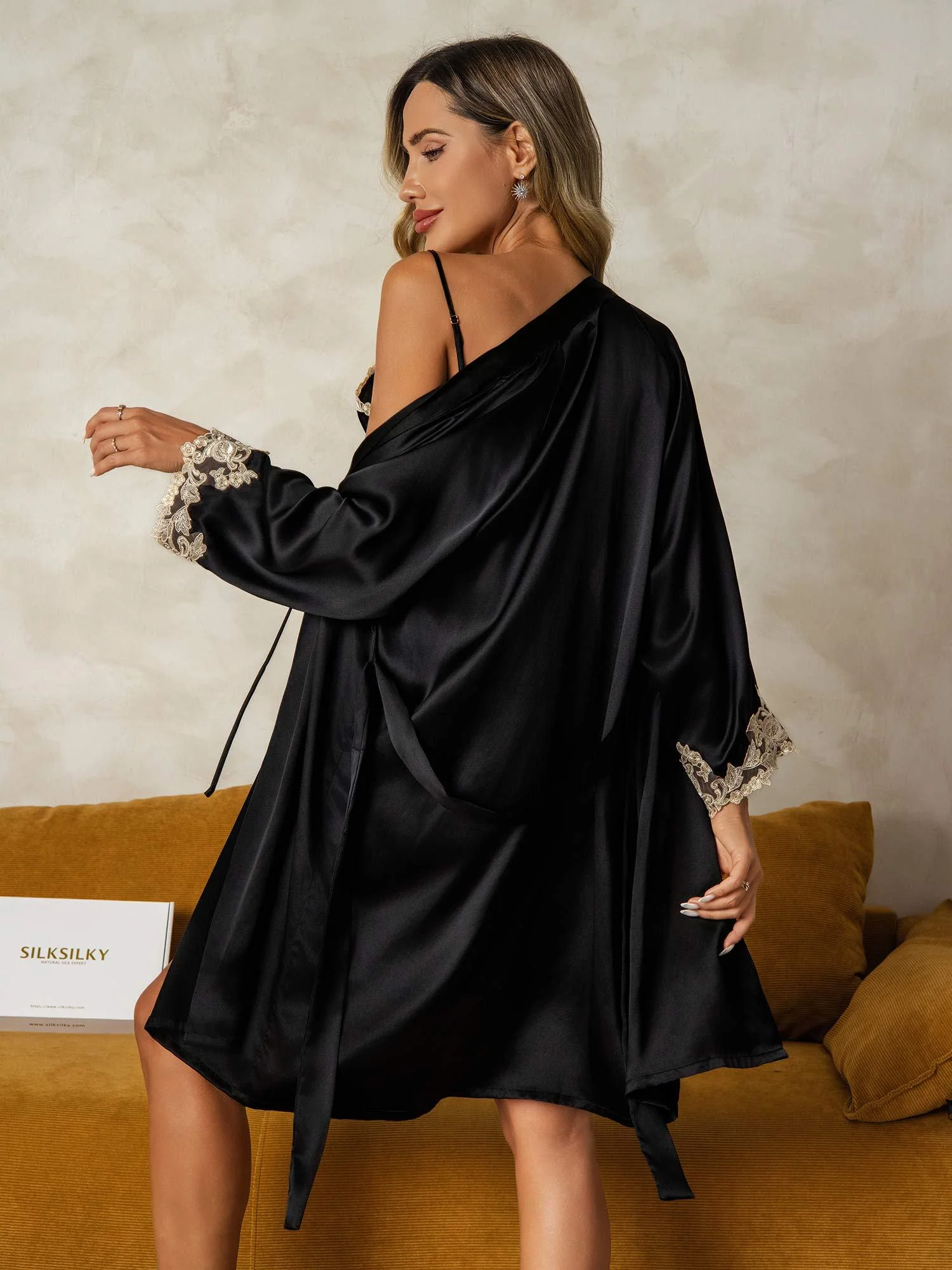 Elegant Pure Silk Nightgown & Robe Set 2Pcs - Image 16
