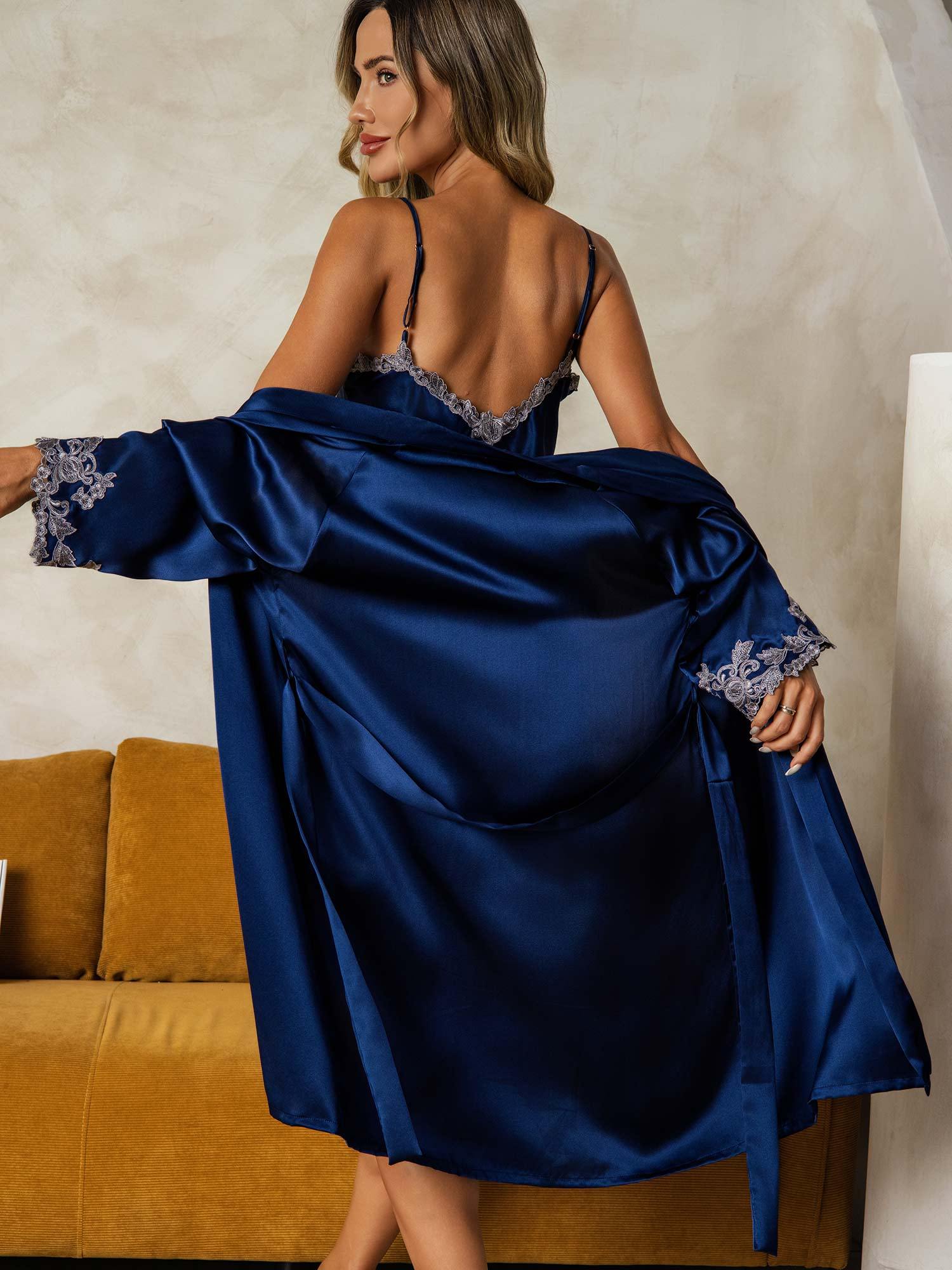 Elegant Pure Silk Nightgown & Robe Set 2Pcs - Image 22