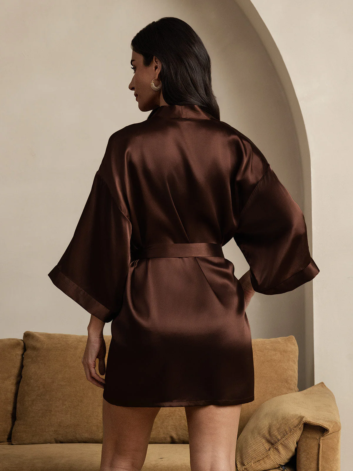 Pure Silk 3/4 Sleeve Short Women's Kimono Robe with Wrap Design - Image 13