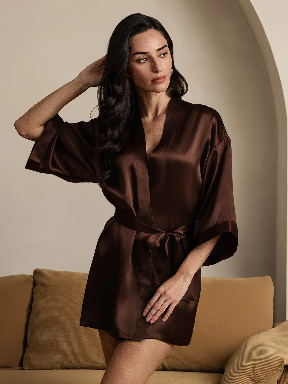 Pure Silk 3/4 Sleeve Short Women's Kimono Robe with Wrap Design - Image 15