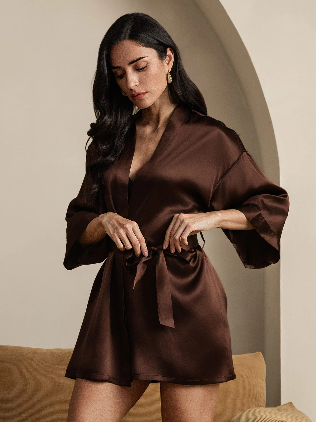Pure Silk 3/4 Sleeve Short Women's Kimono Robe with Wrap Design - Image 16