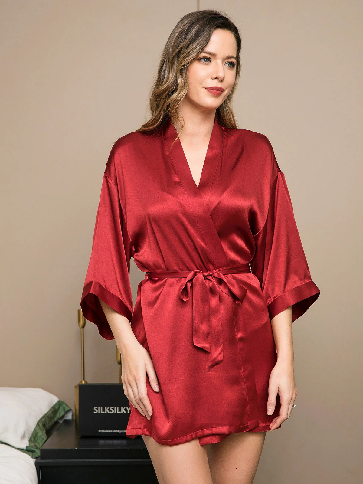 Pure Silk 3/4 Sleeve Short Women's Kimono Robe with Wrap Design - Image 47
