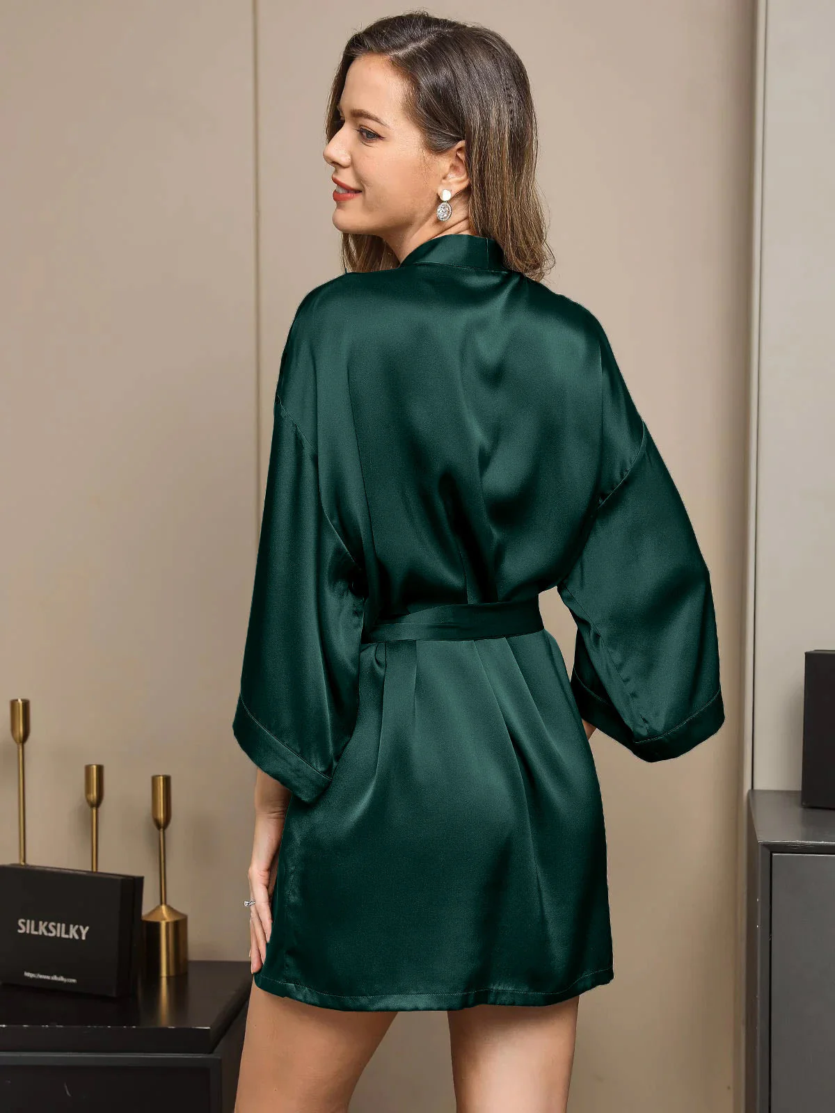 Pure Silk 3/4 Sleeve Short Women's Kimono Robe with Wrap Design - Image 7