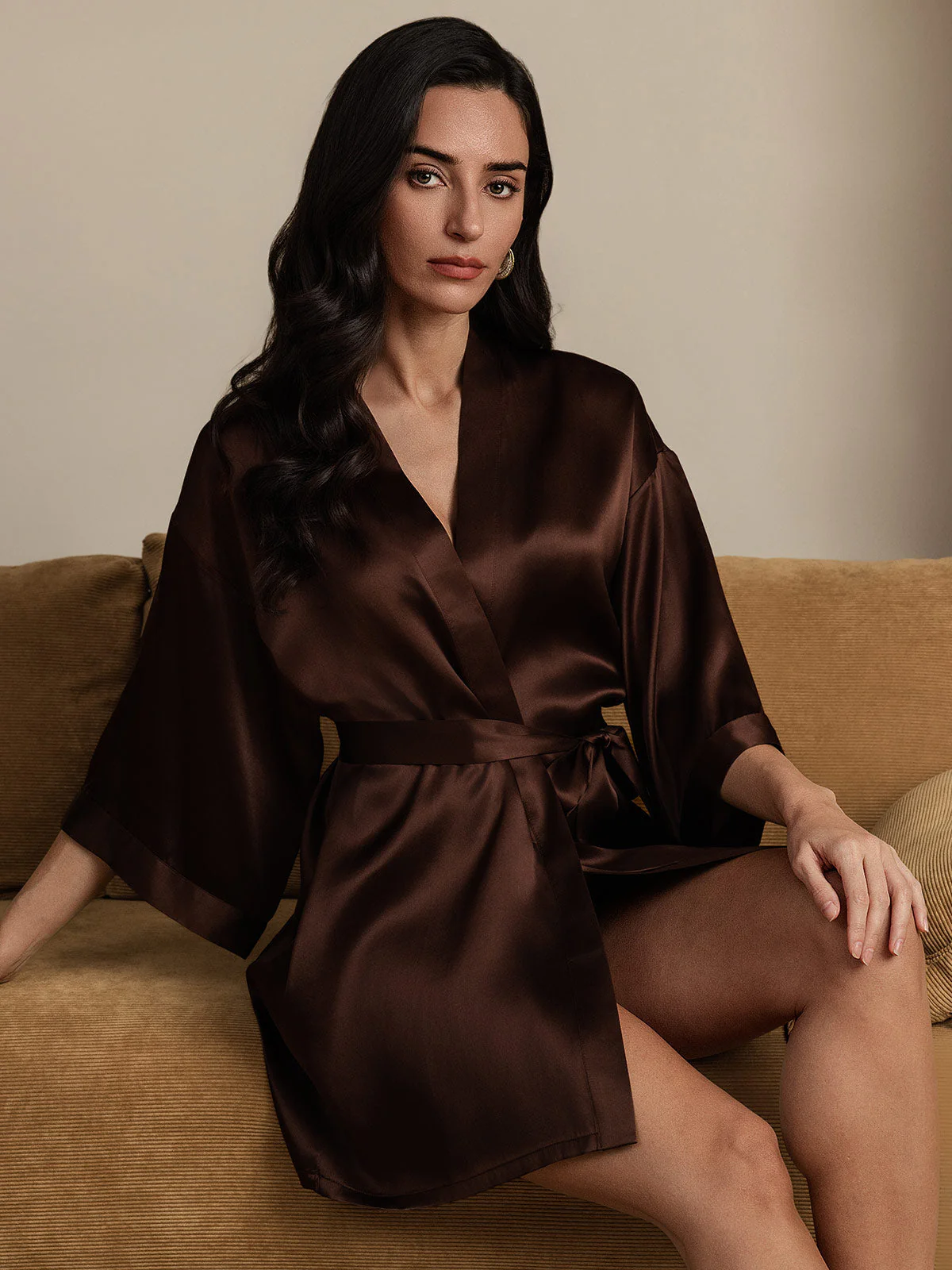Pure Silk Short Women's Kimono Robe with Wrap Design - Image 14