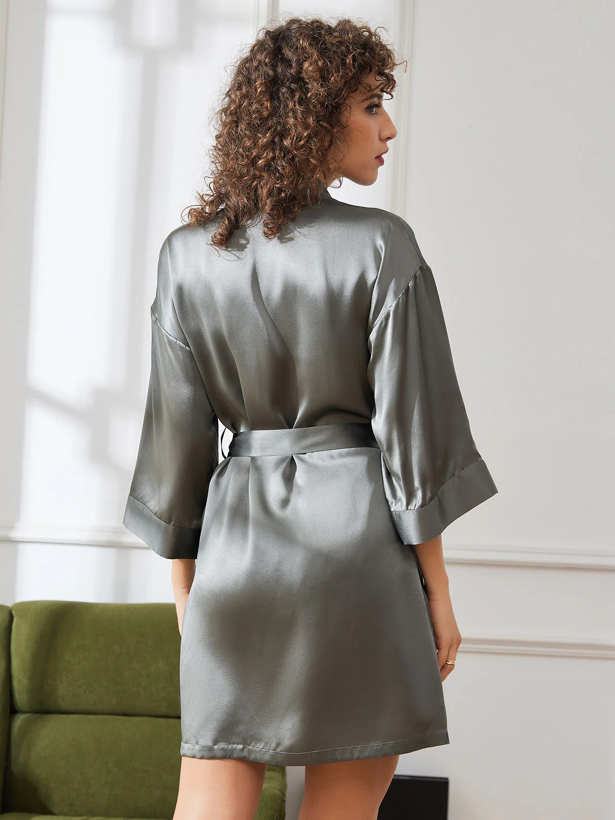 Pure Silk Short Women's Kimono Robe with Wrap Design - Image 29