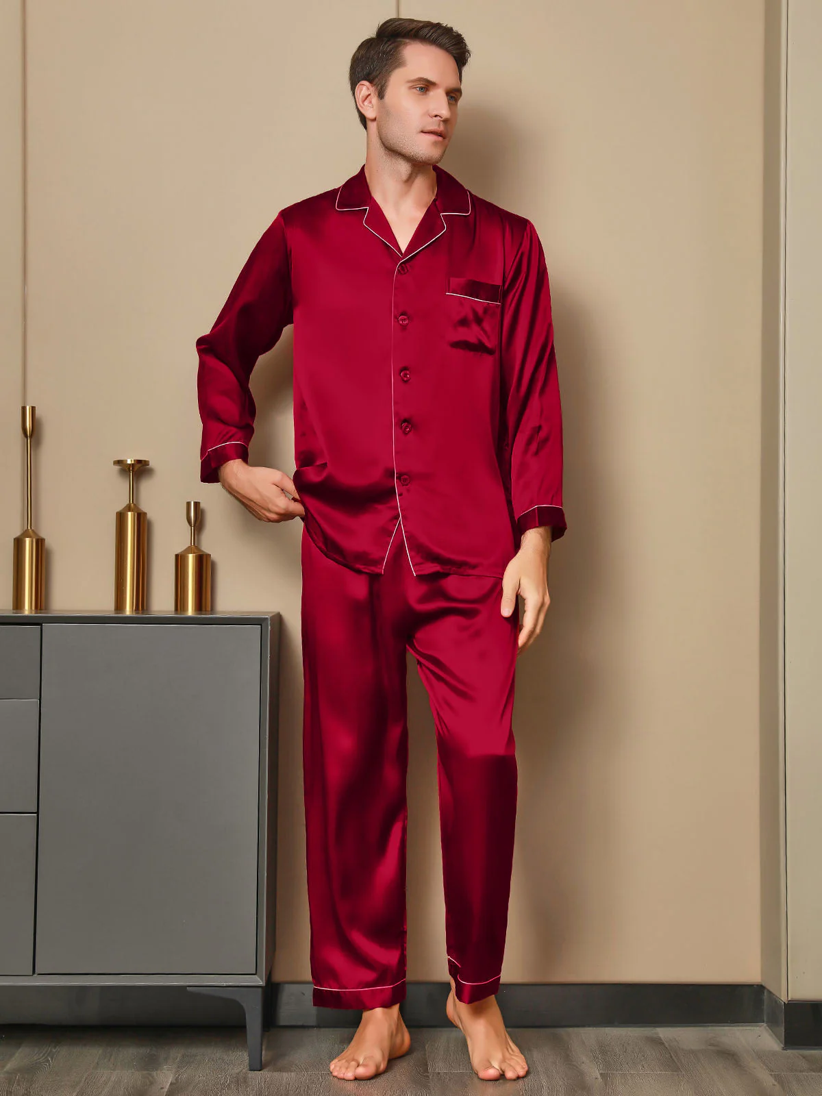 Pure Silk Long Sleeve Notch Collar Men's Pajamas Set with Button Up Design - Image 11