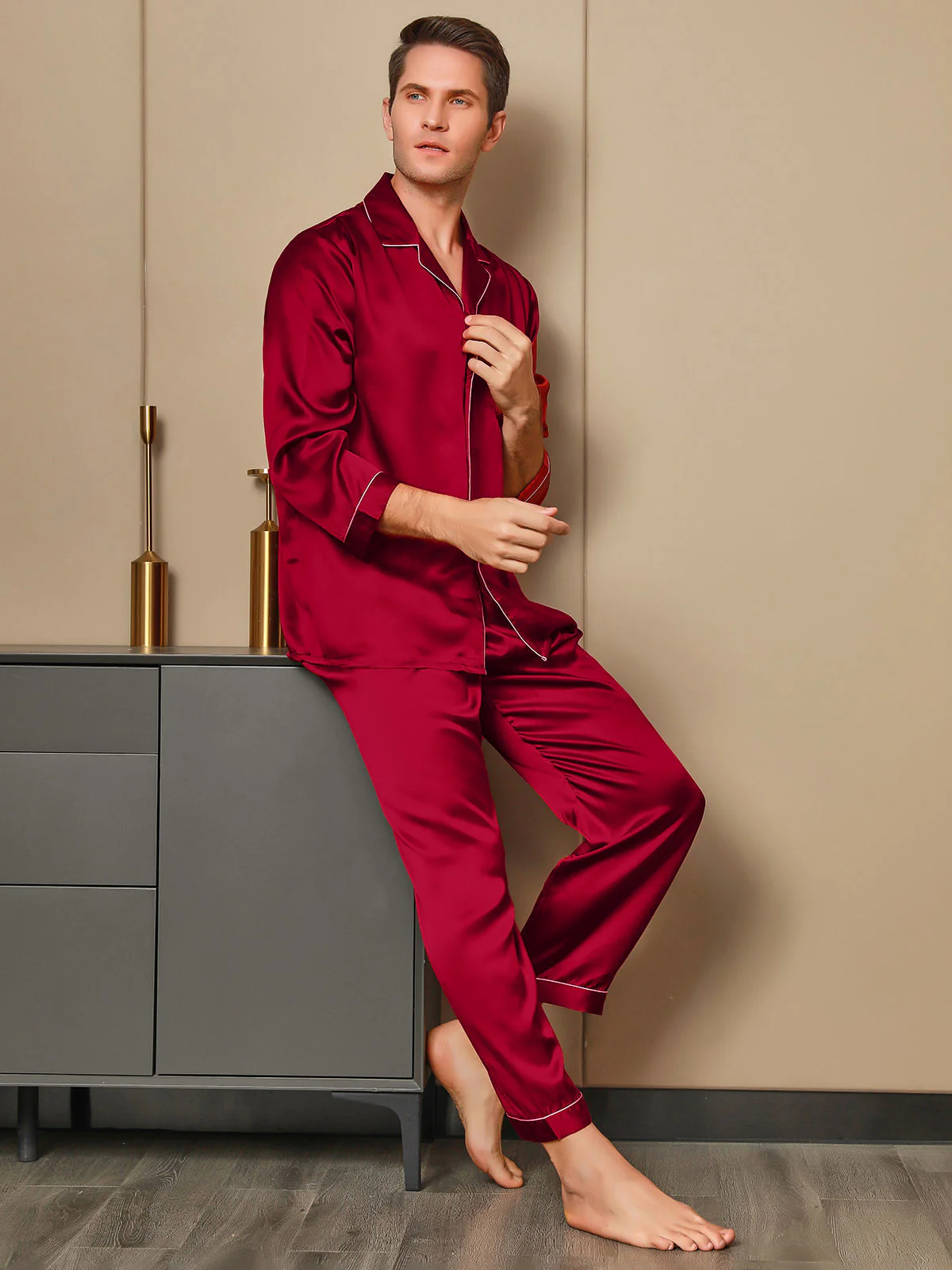 Pure Silk Long Sleeve Notch Collar Men's Pajamas Set with Button Up Design - Image 12