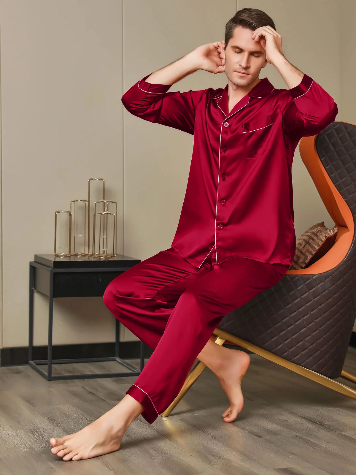 Pure Silk Long Sleeve Notch Collar Men's Pajamas Set with Button Up Design - Image 13