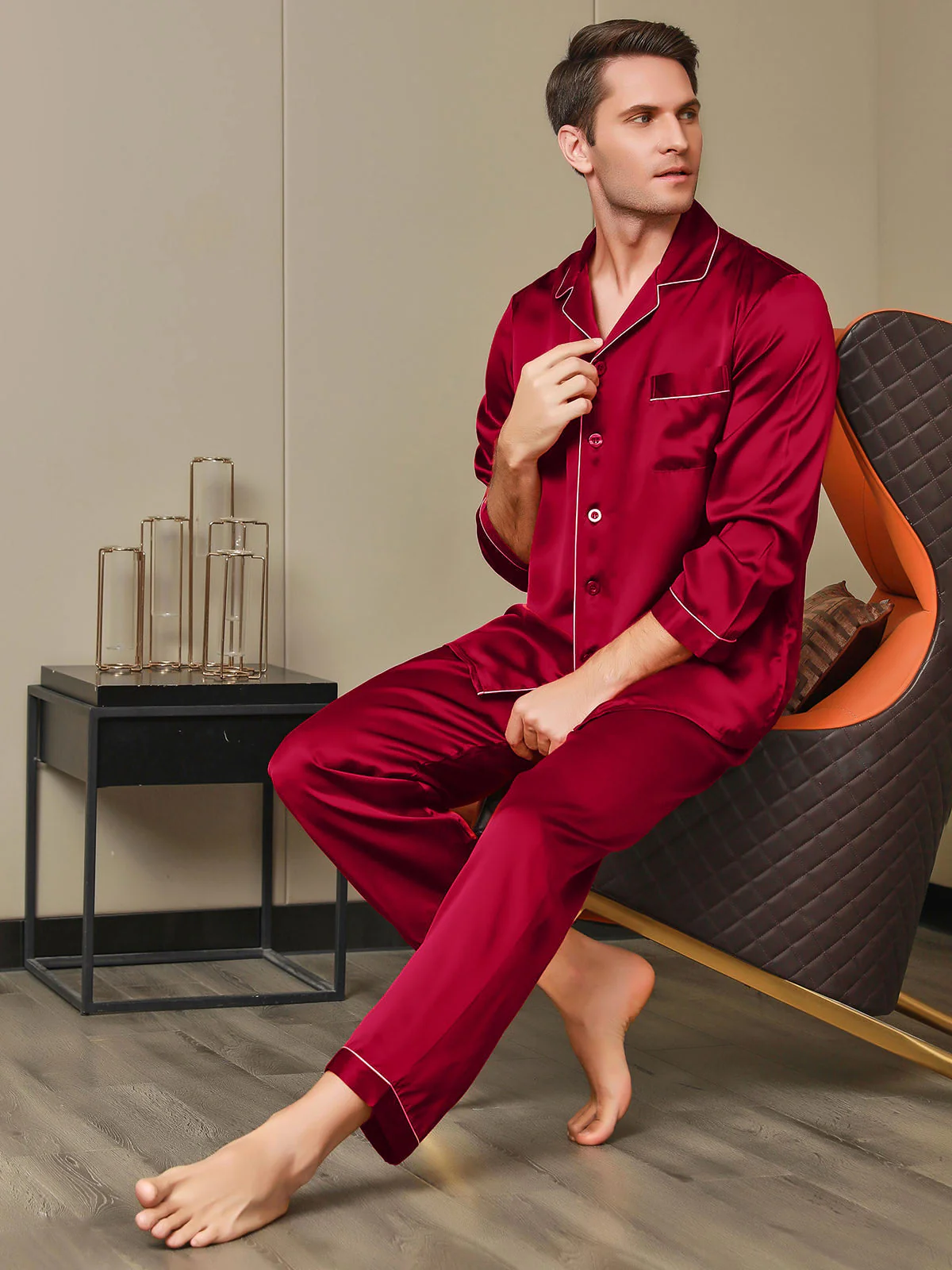 Pure Silk Long Sleeve Notch Collar Men's Pajamas Set with Button Up Design - Image 14