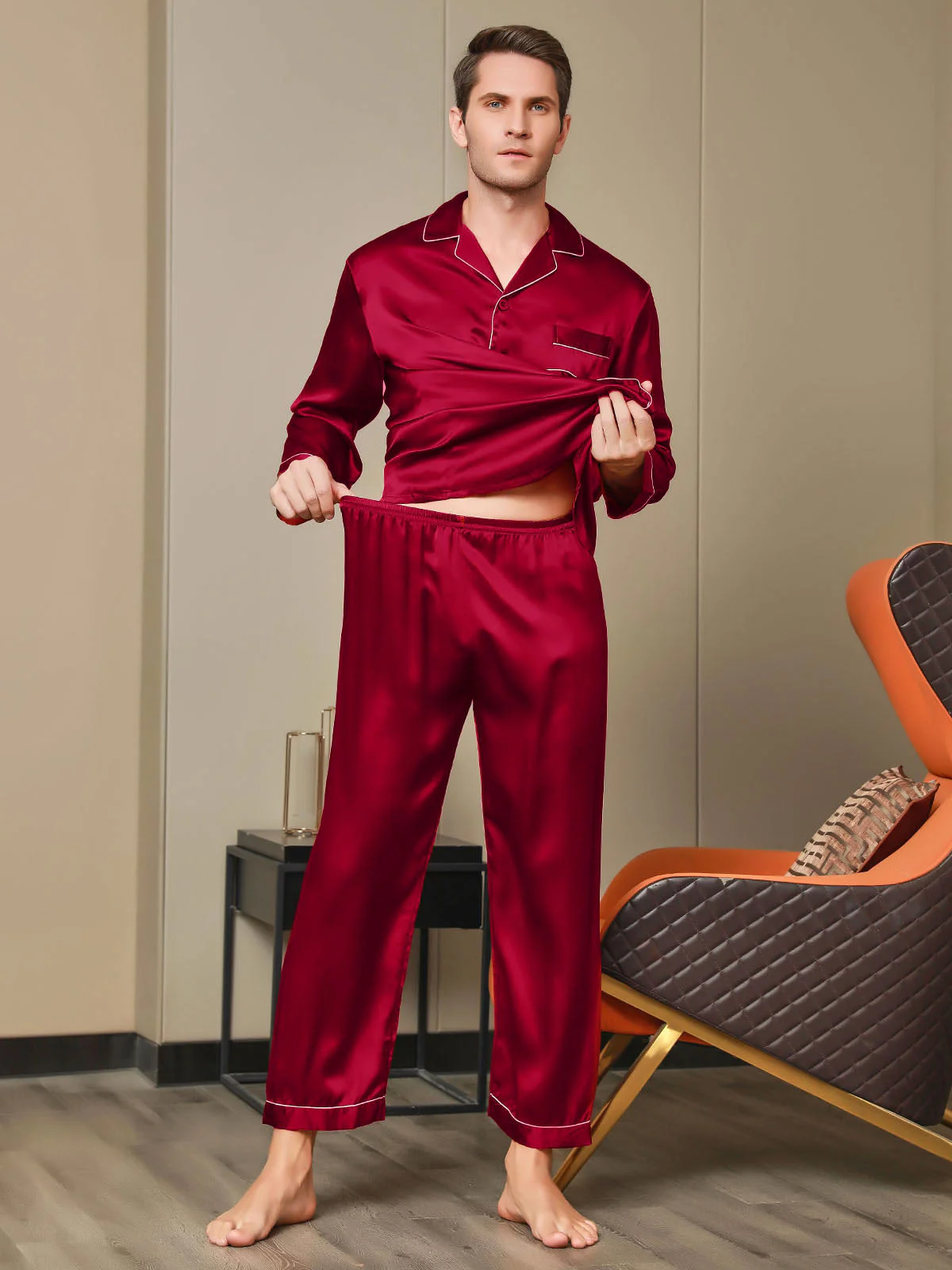 Pure Silk Long Sleeve Notch Collar Men's Pajamas Set with Button Up Design - Image 15