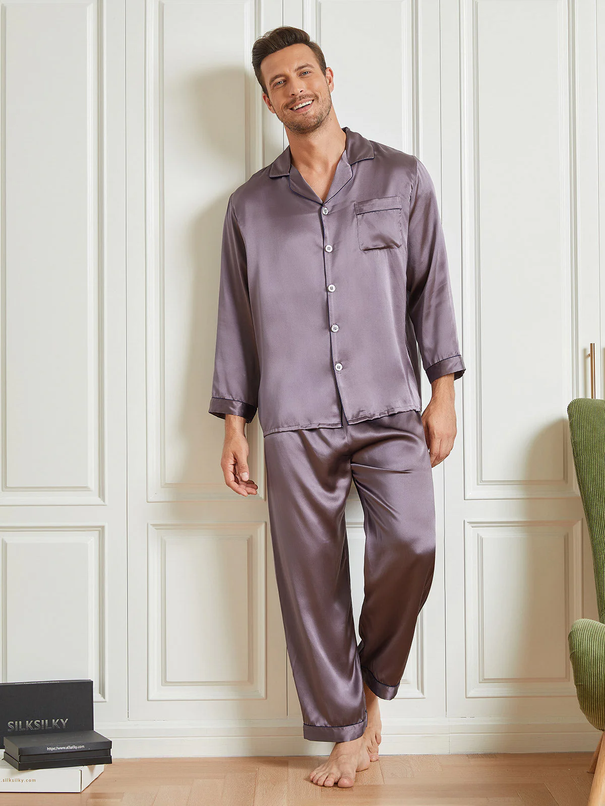 Pure Silk Long Sleeve Notch Collar Men's Pajamas Set with Button Up Design - Image 24