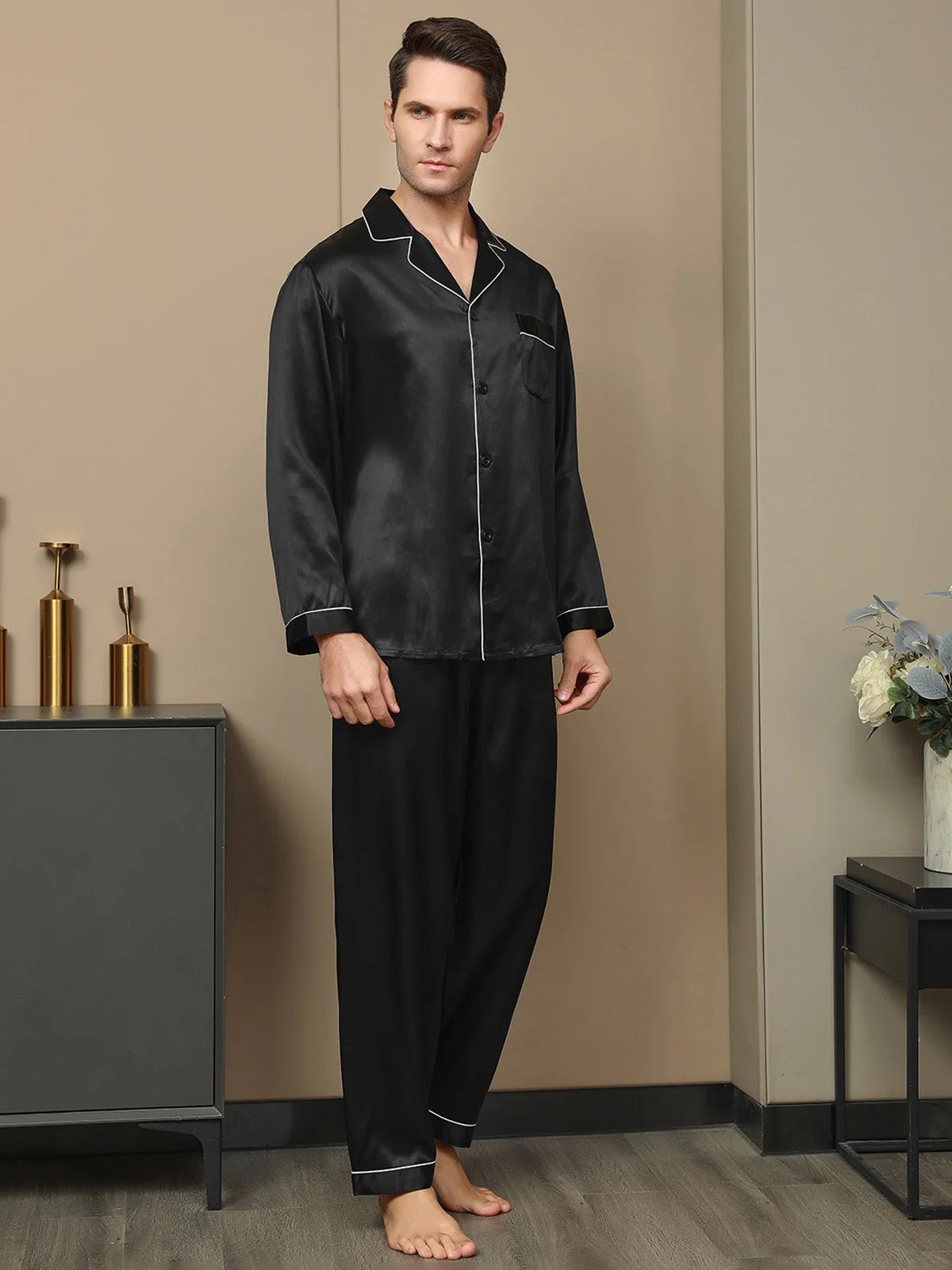 Pure Silk Long Sleeve Notch Collar Men's Pajamas Set with Button Up Design - Image 3