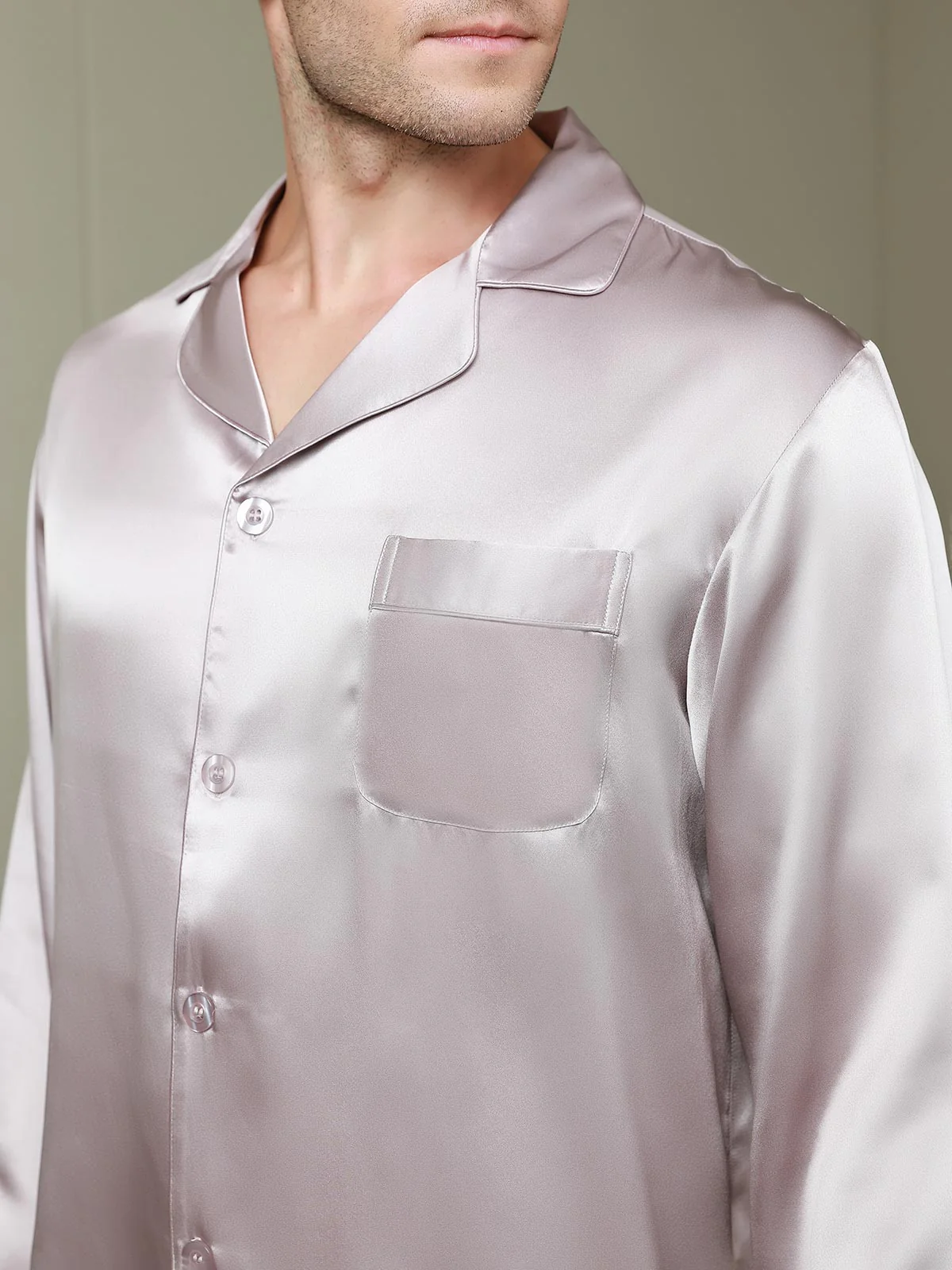 Pure Silk Long Sleeve Notch Collar Men's Pajamas Set with Button Up Design - Image 33