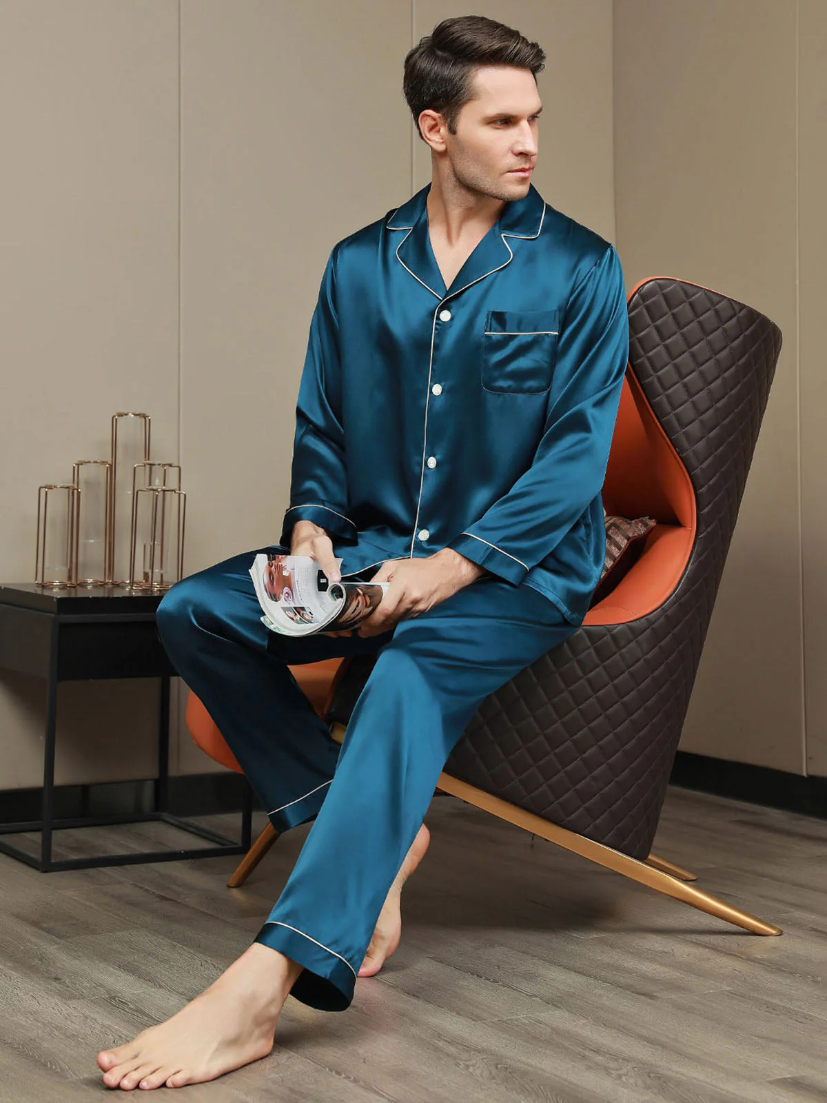 Pure Silk Long Sleeve Notch Collar Men's Pajamas Set with Button Up Design - Image 40