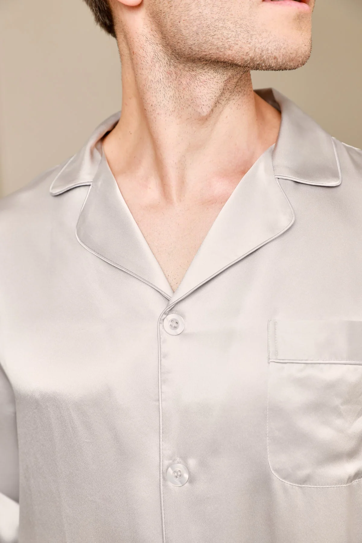 Pure Silk Long Sleeve Notch Collar Men's Pajamas Set with Button Up Design - Image 46