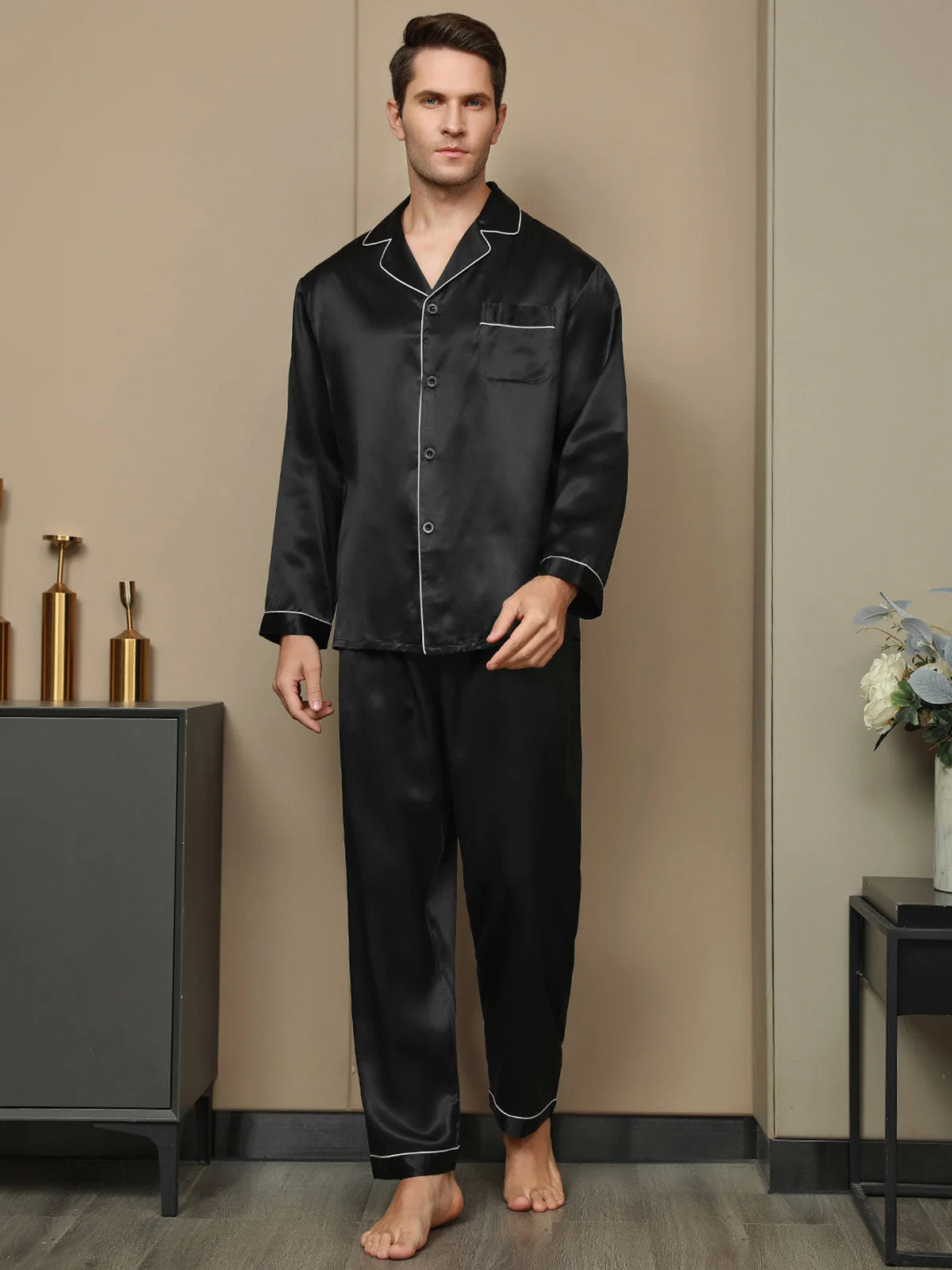 Pure Silk Long Sleeve Notch Collar Men's Pajamas Set with Button Up Design - Image 6