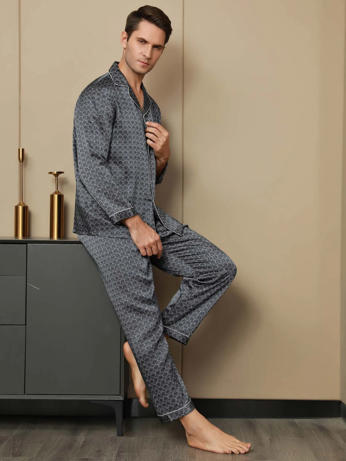 Pure Silk Navy Ginkgo Print Long Sleeve Men's Pajamas Set With Pants - Image 13