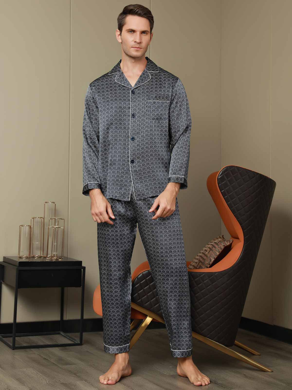 Pure Silk Navy Ginkgo Print Long Sleeve Men's Pajamas Set With Pants - Image 15
