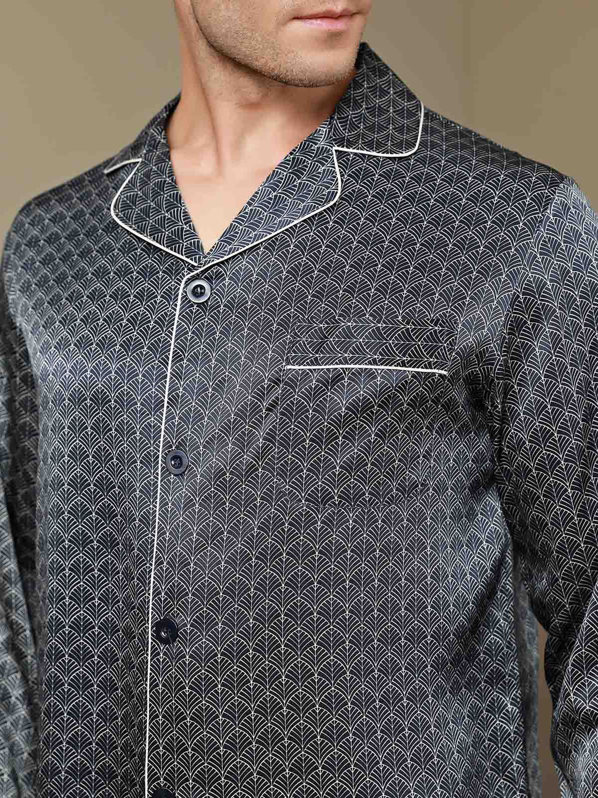 Pure Silk Navy Ginkgo Print Long Sleeve Men's Pajamas Set With Pants - Image 17