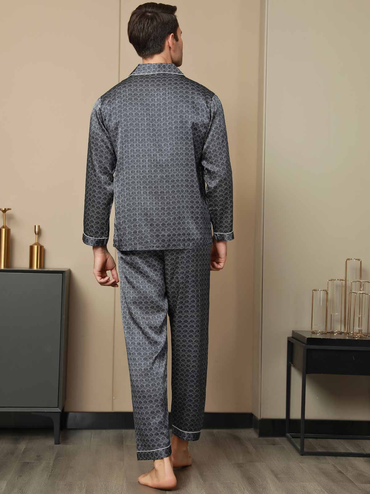 Pure Silk Navy Ginkgo Print Long Sleeve Men's Pajamas Set With Pants - Image 2