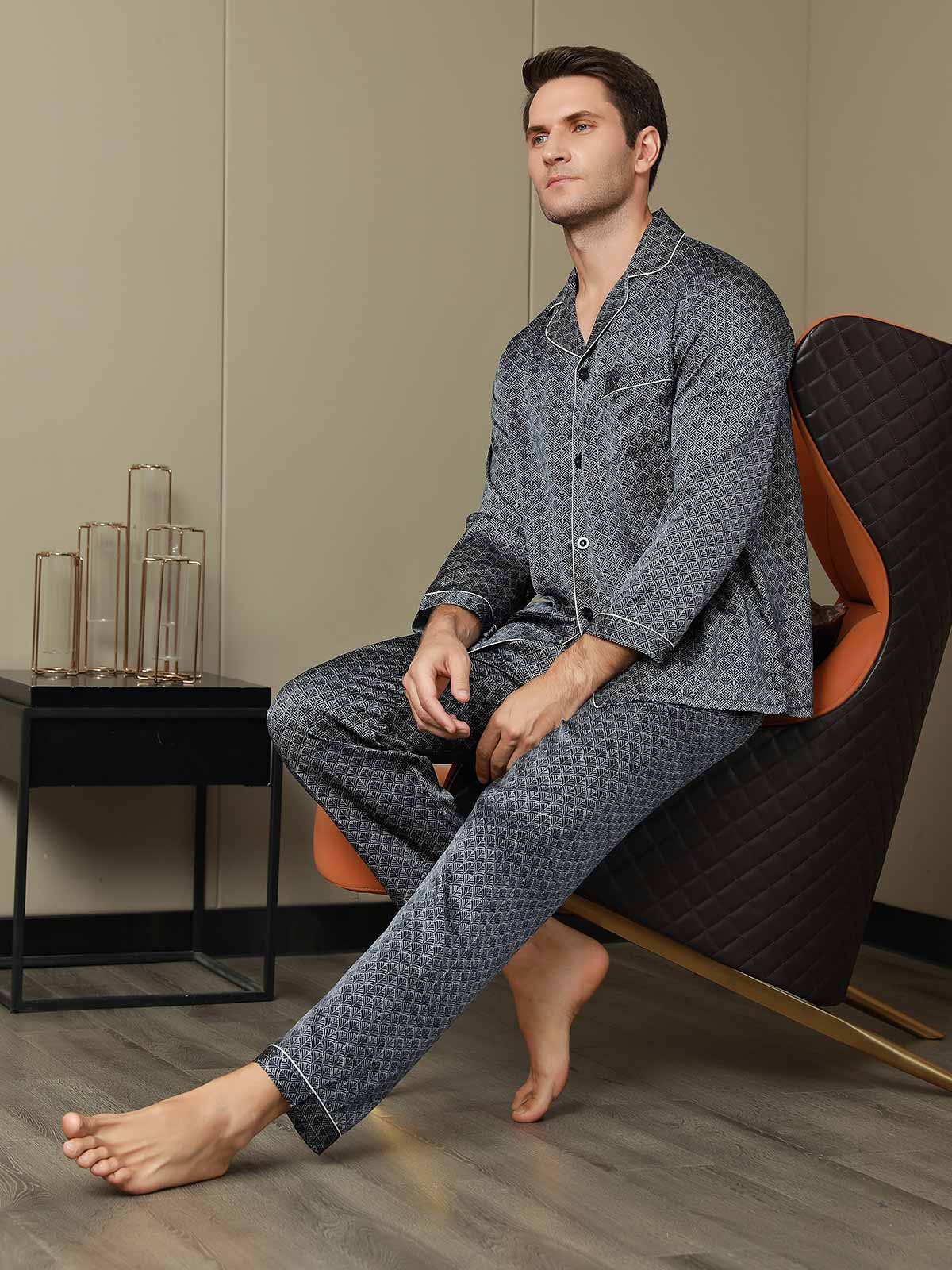 Pure Silk Navy Ginkgo Print Long Sleeve Men's Pajamas Set With Pants - Image 3