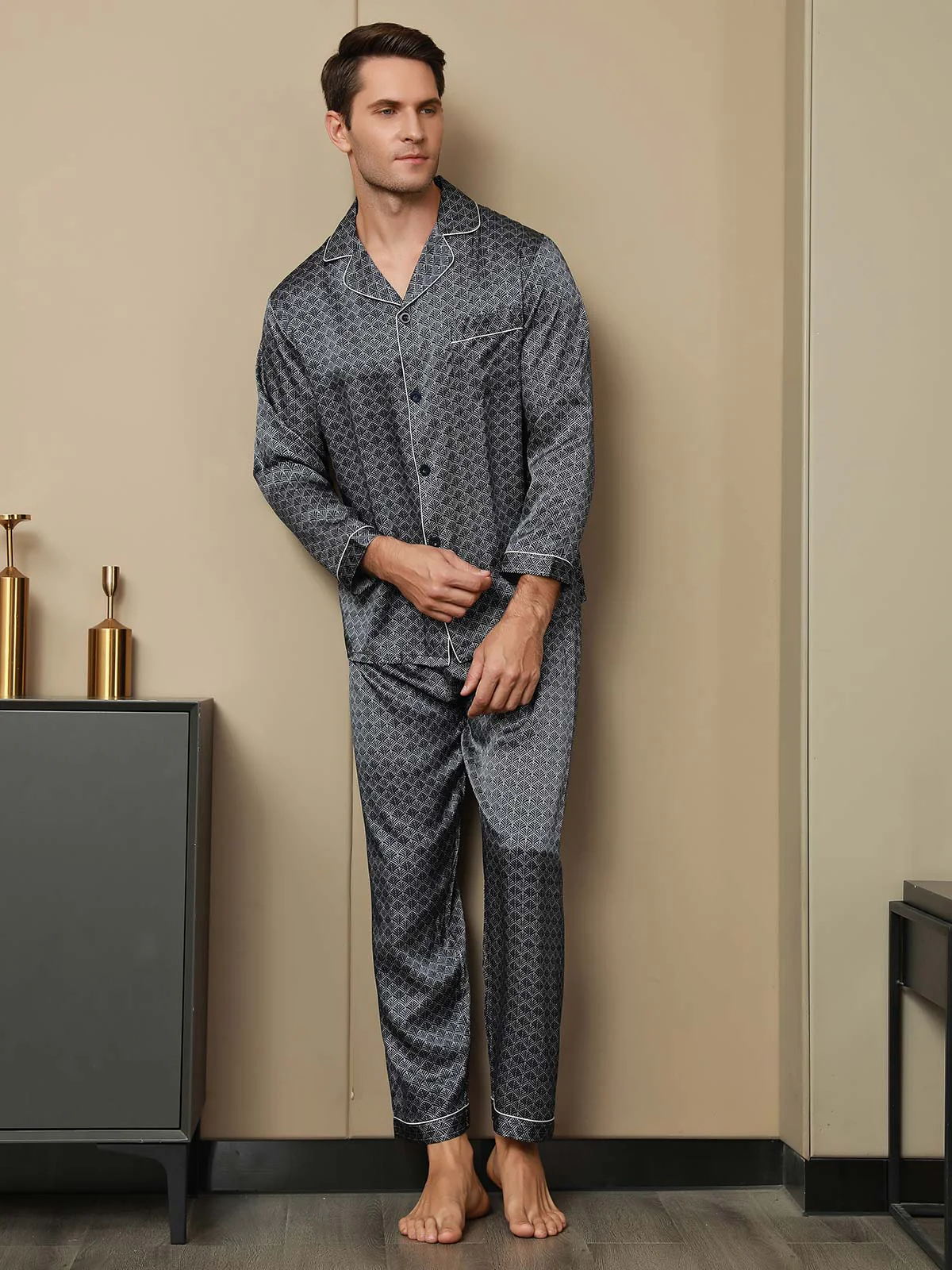 Pure Silk Navy Ginkgo Print Long Sleeve Men's Pajamas Set With Pants - Image 4