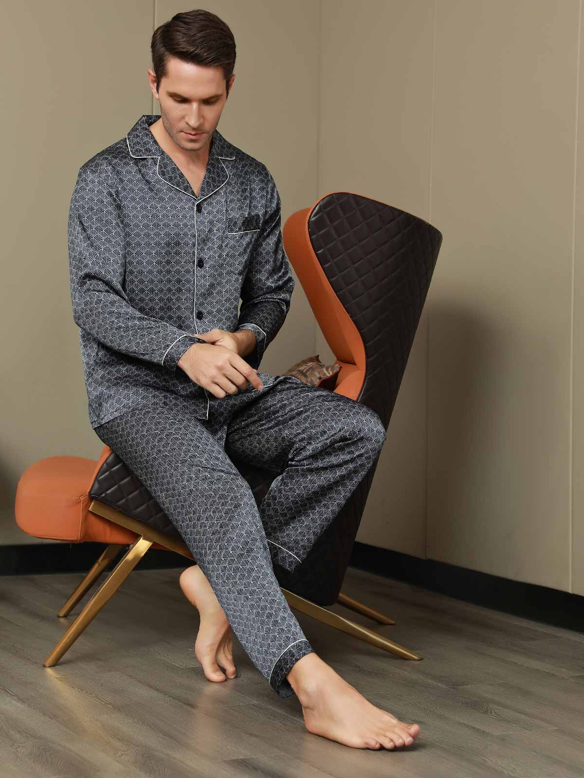 Pure Silk Navy Ginkgo Print Long Sleeve Men's Pajamas Set With Pants - Image 6