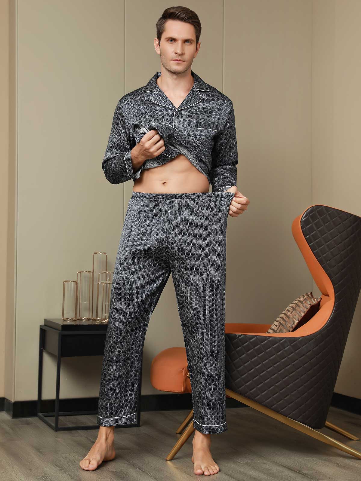 Pure Silk Navy Ginkgo Print Long Sleeve Men's Pajamas Set With Pants - Image 8