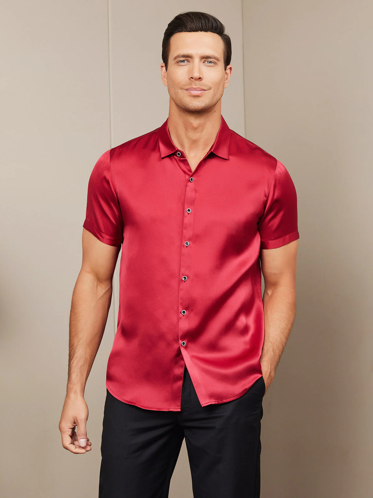 19Momme Mens Classic Short Sleeve Silk Shirt - Image 3