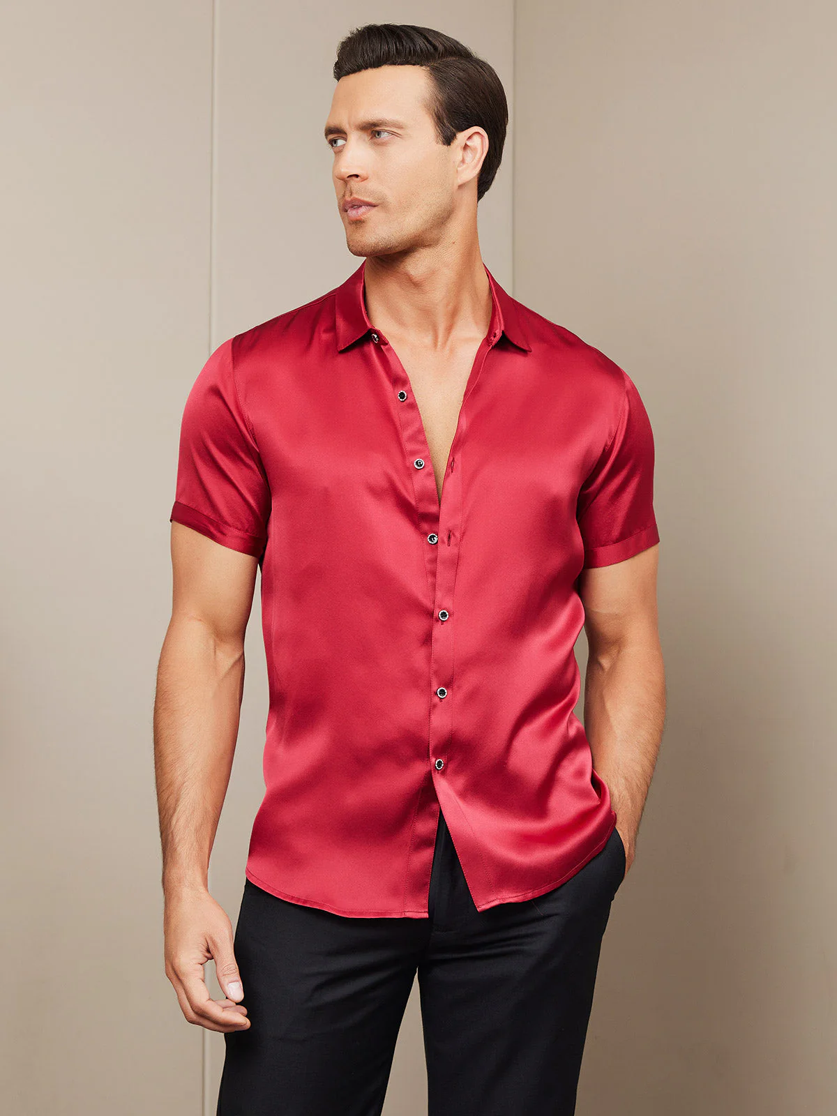19Momme Mens Classic Short Sleeve Silk Shirt - Image 5