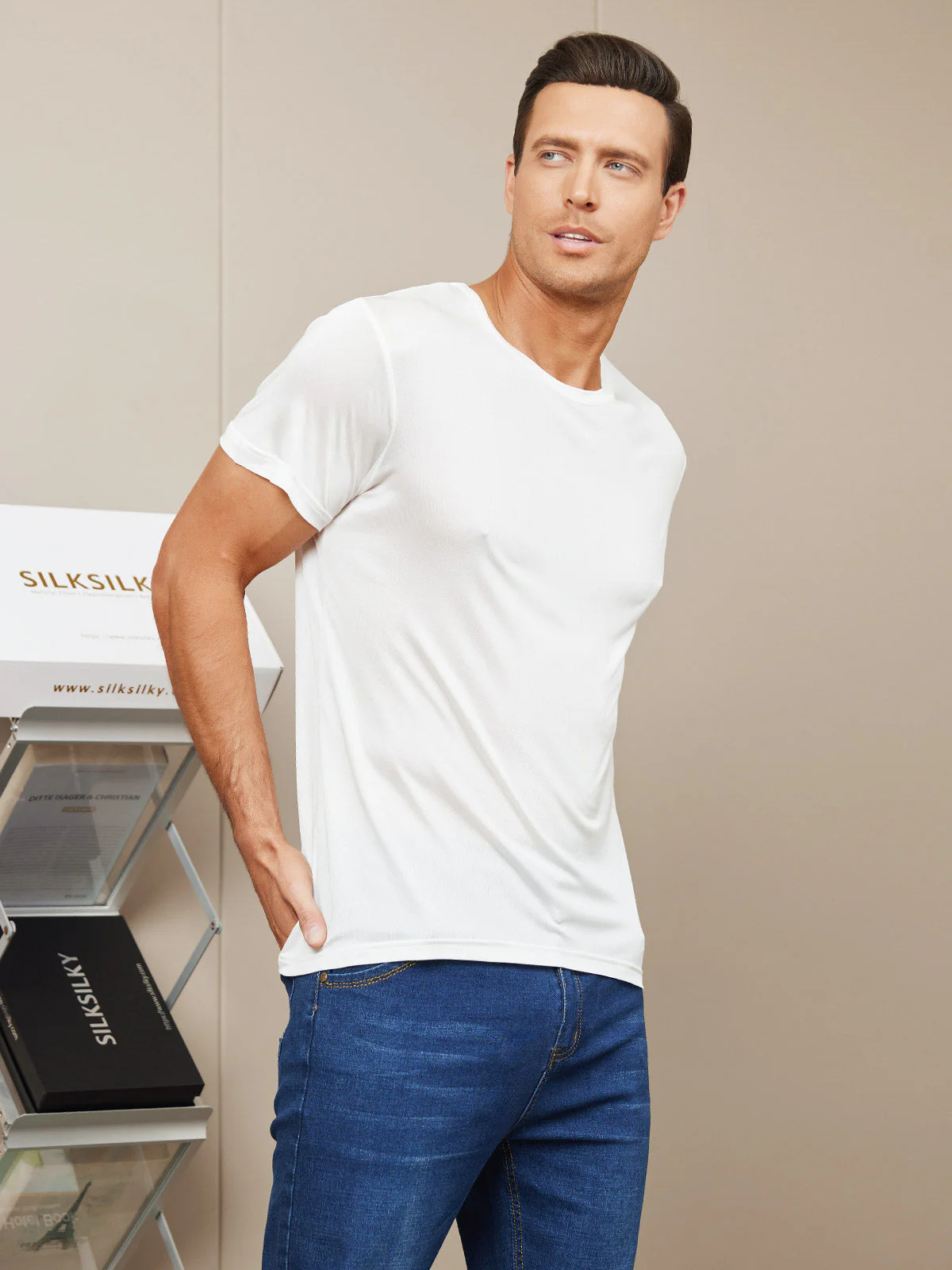 Mens Crew Neck Pure Silk T Shirt - Image 18