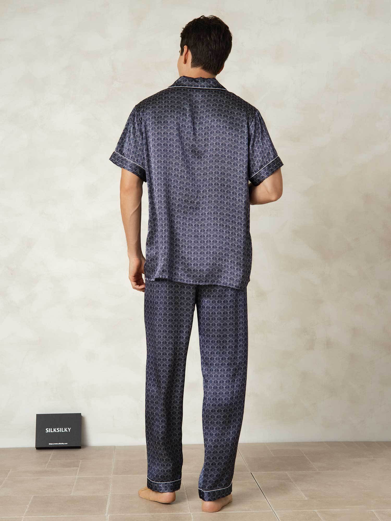 Men's Pure Silk Navy Ginkgo Print Short Sleeve Pajamas Set with Pants - Image 2