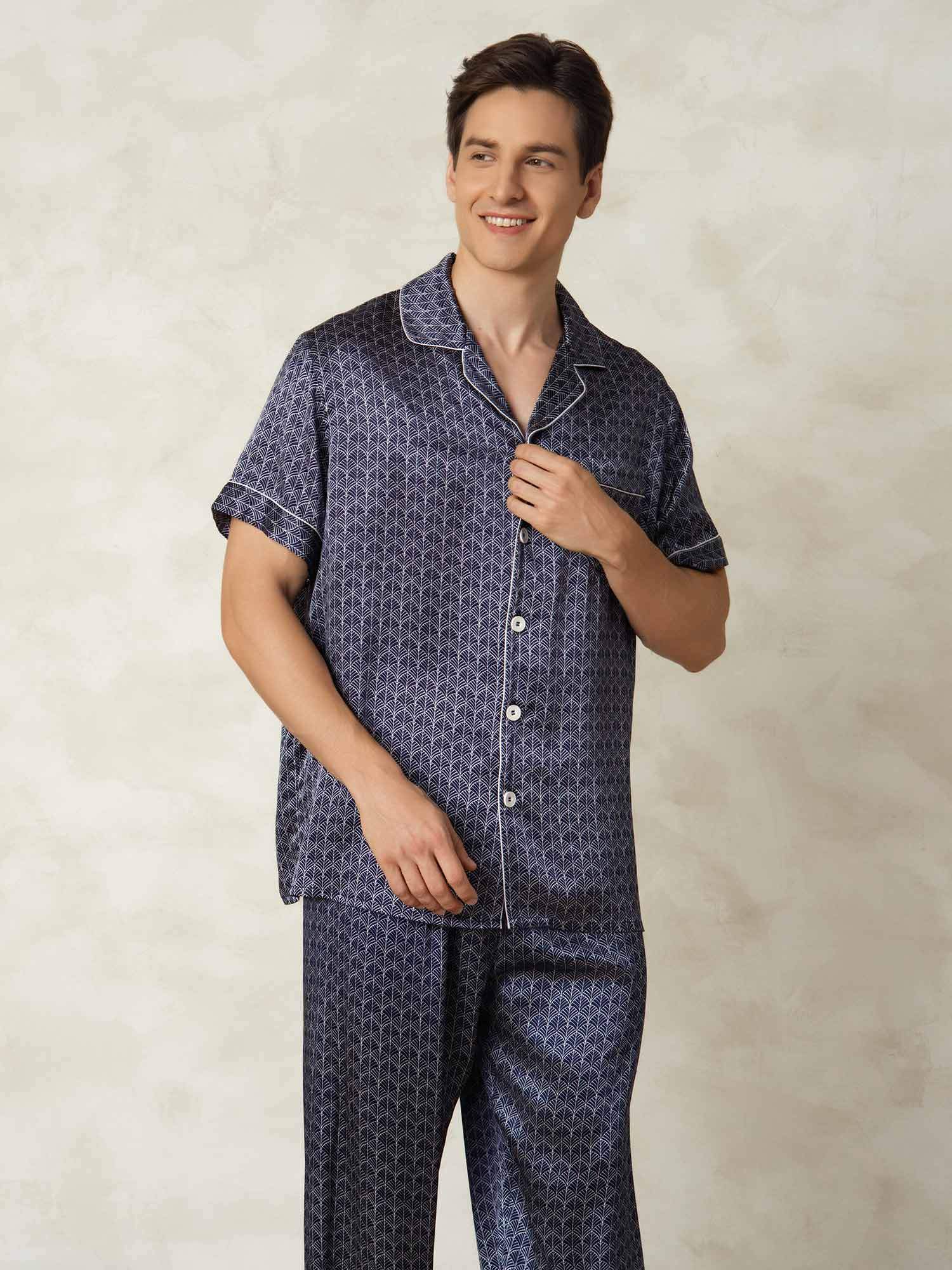 Men's Pure Silk Navy Ginkgo Print Short Sleeve Pajamas Set with Pants - Image 3