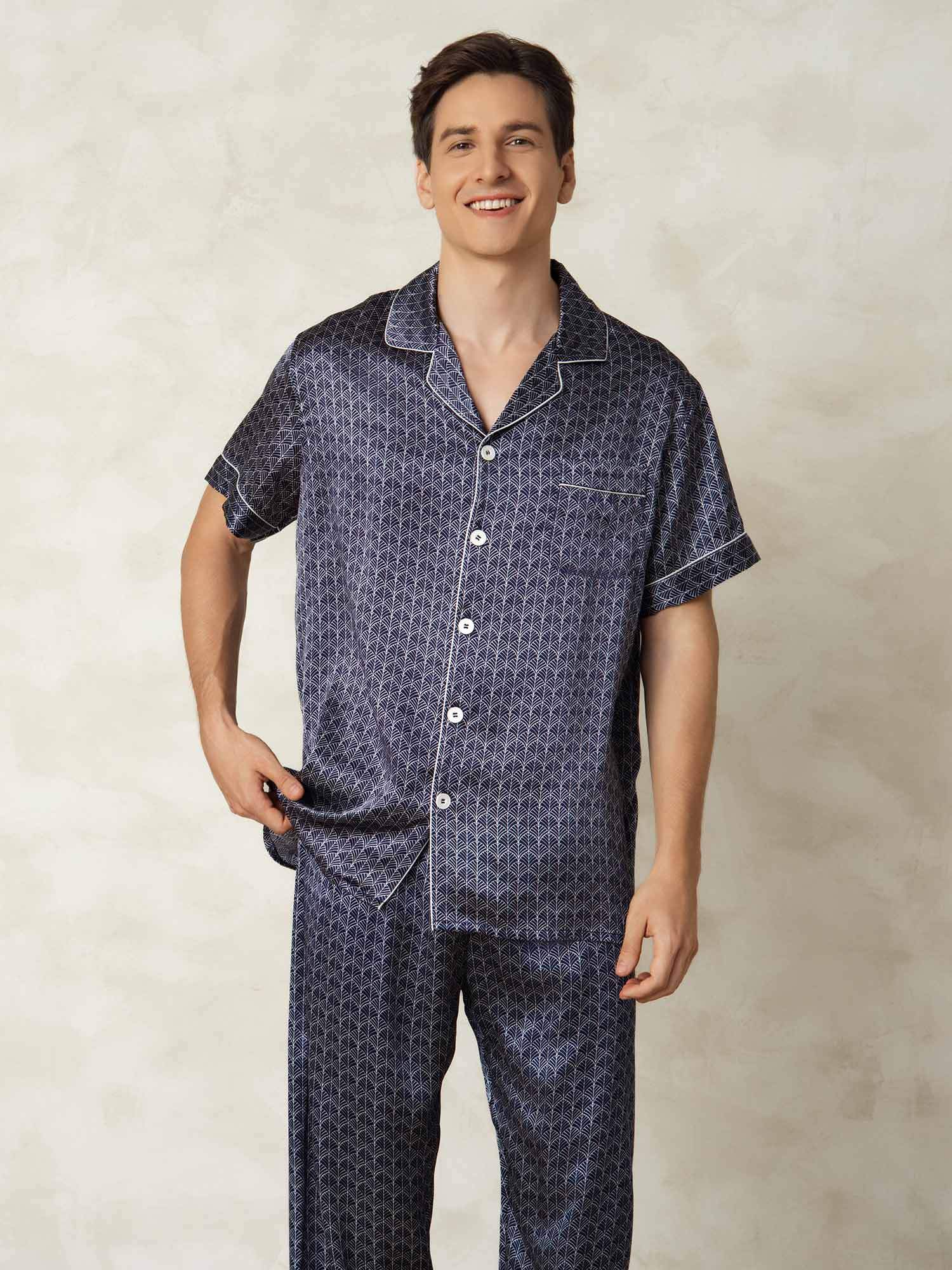 Men's Pure Silk Navy Ginkgo Print Short Sleeve Pajamas Set with Pants - Image 4