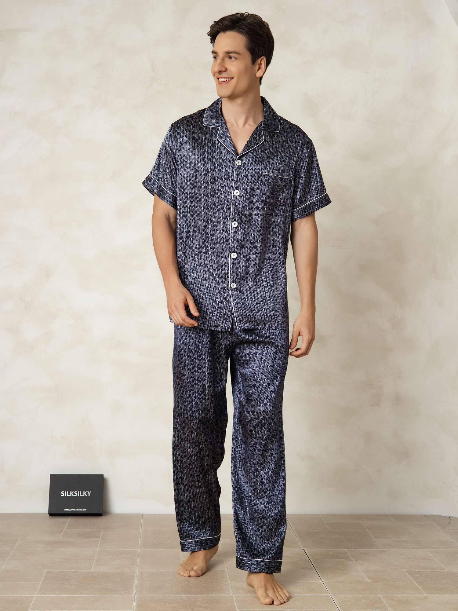 Men's Pure Silk Navy Ginkgo Print Short Sleeve Pajamas Set with Pants - Image 5