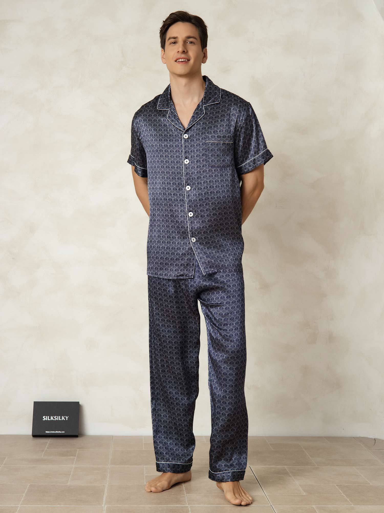 Men's Pure Silk Navy Ginkgo Print Short Sleeve Pajamas Set with Pants - Image 6