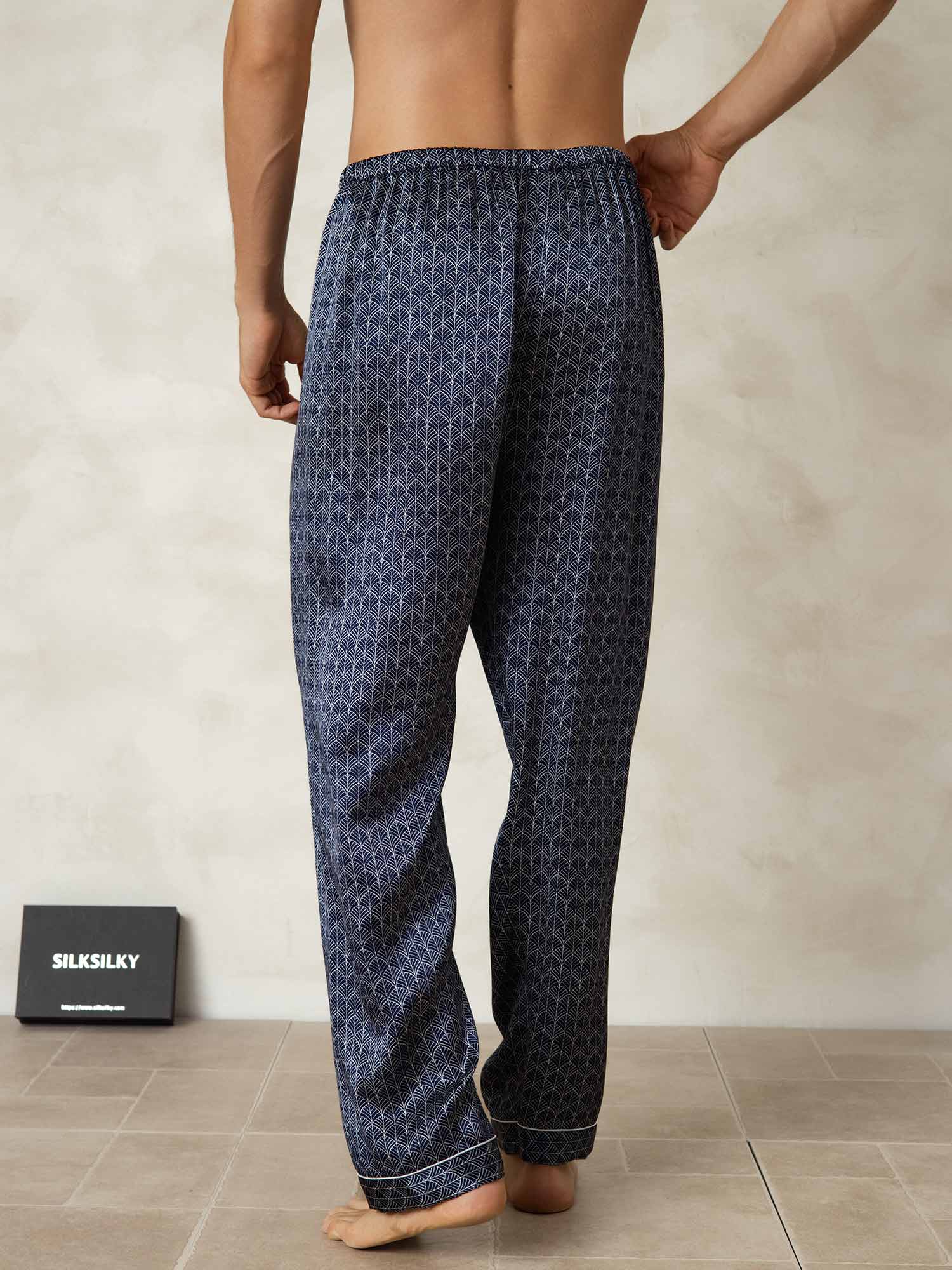 Men's Pure Silk Navy Ginkgo Print Sleep Pants with Elastic Waist - Image 2
