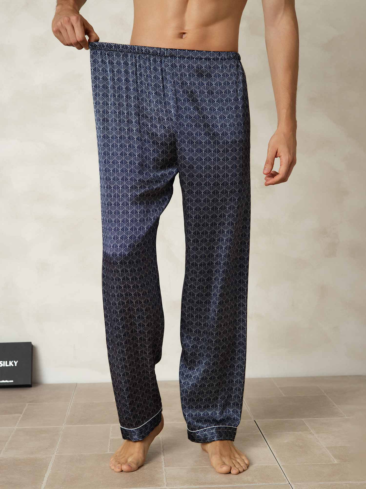 Men's Pure Silk Navy Ginkgo Print Sleep Pants with Elastic Waist - Image 3