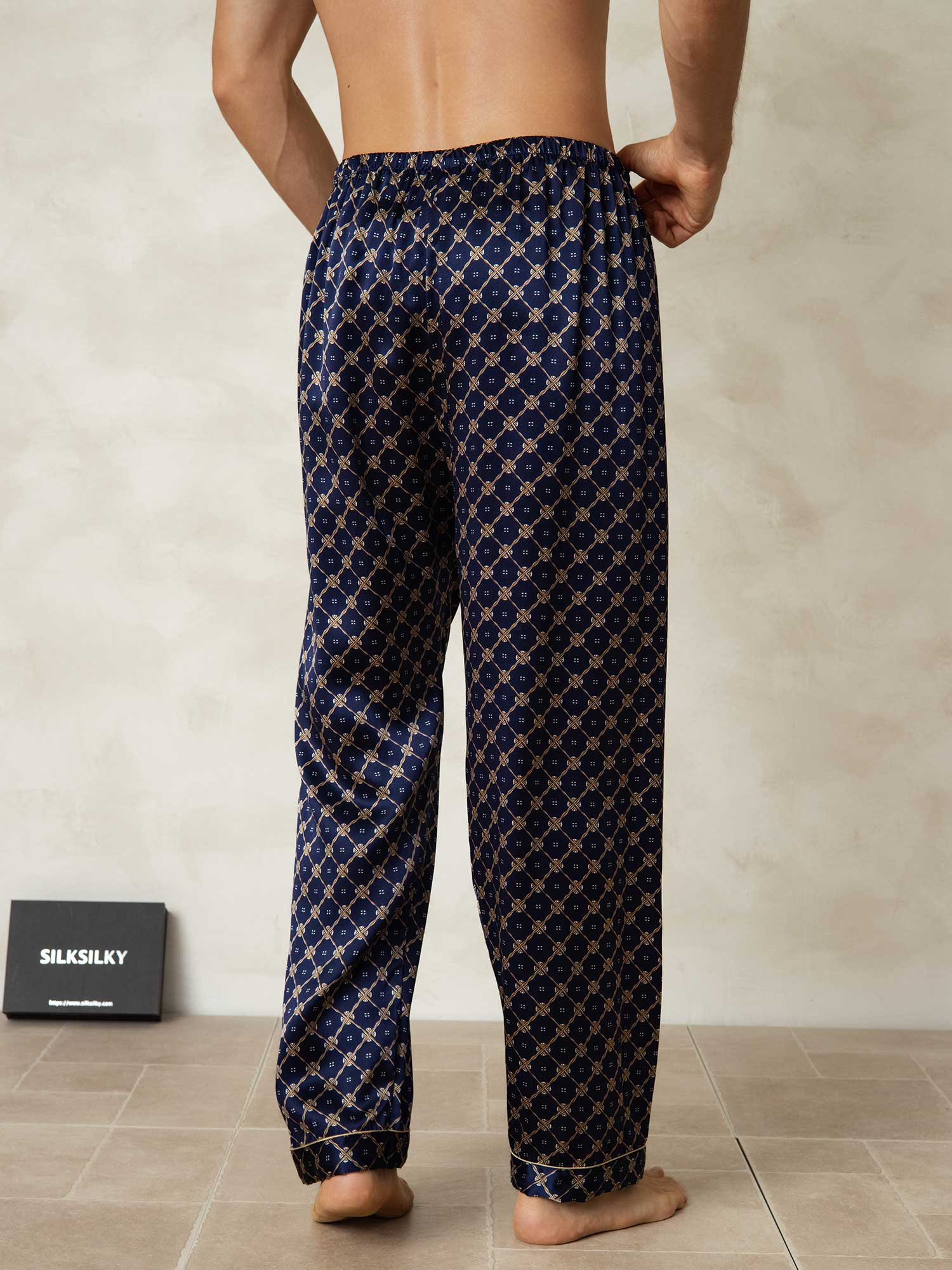 Men's Pure Silk Navy Chain Print Sleep Pants with Elastic Waist - Image 2