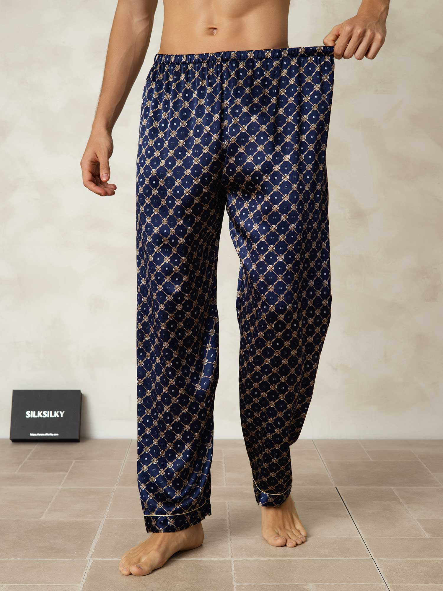 Men's Pure Silk Navy Chain Print Sleep Pants with Elastic Waist - Image 3