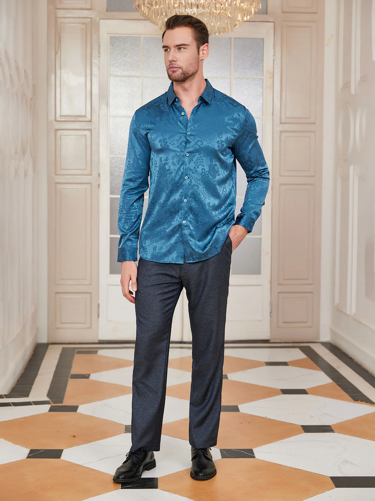 Clearance - Mulberry Silk Jacquard Shirt for Men - Image 10