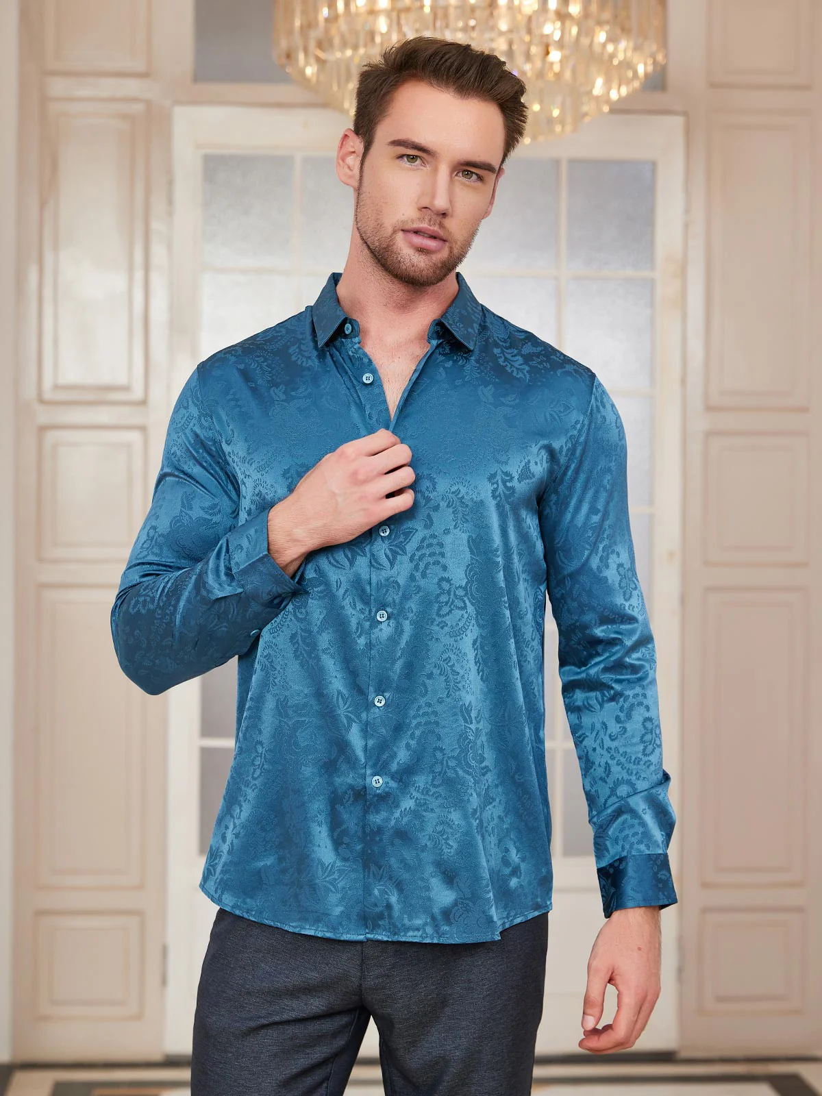 Clearance - Mulberry Silk Jacquard Shirt for Men - Image 6