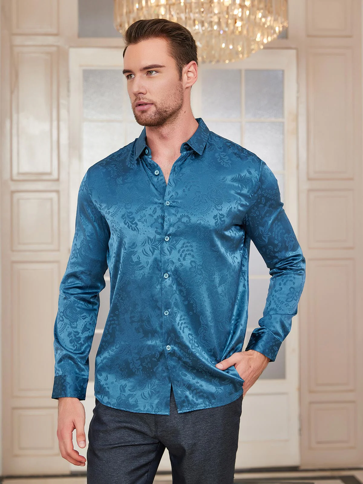 Clearance - Mulberry Silk Jacquard Shirt for Men - Image 8